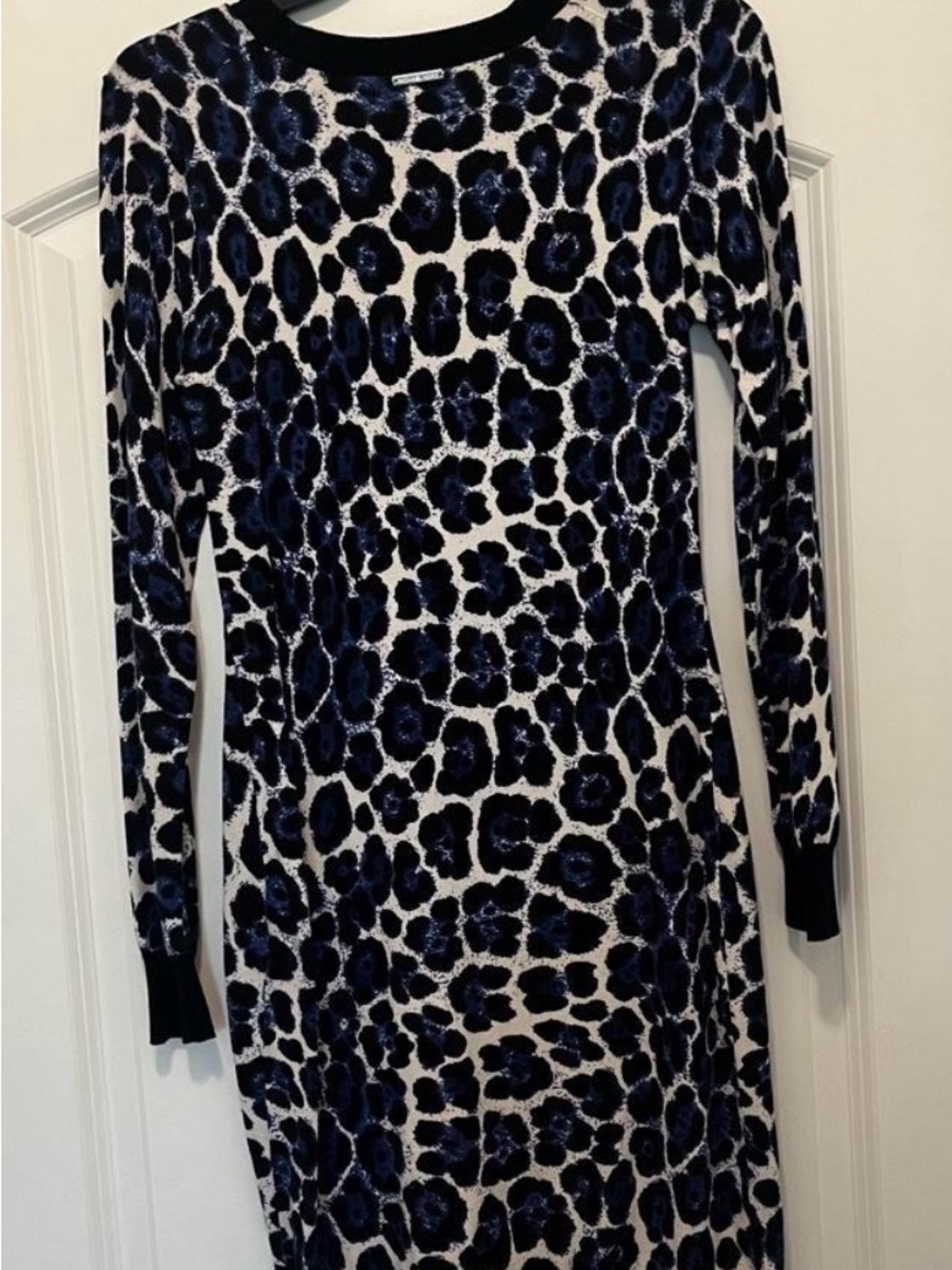 Michael Kors Navy and White Long Sleeve Leopard Print Bodycon Dress